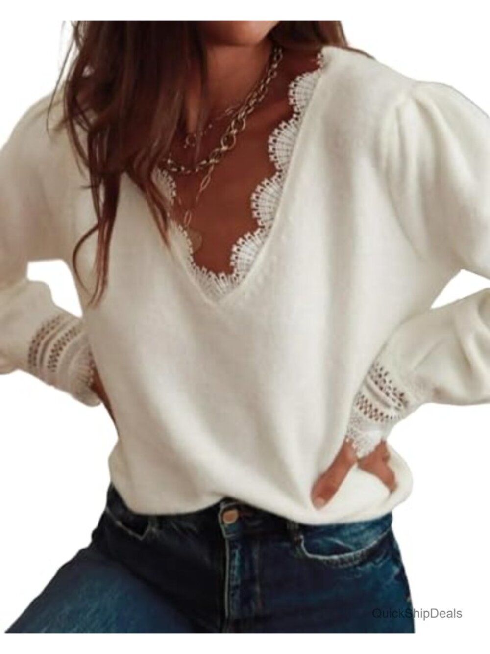 Womens V Neck Lace Trim Sweater Long Sleeve Lightweight Knit Pullover Fall